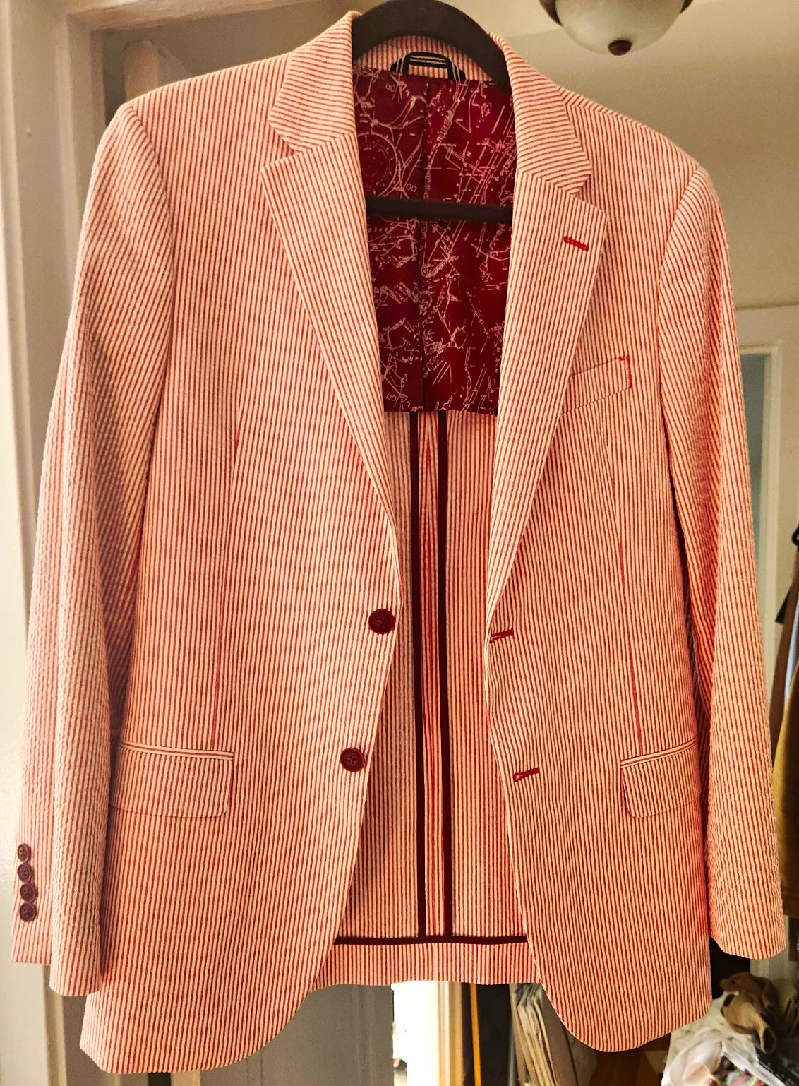 Nautica Men’s Modern-Fit Stretch Stripe Seersucker Sport Coat Red 36R