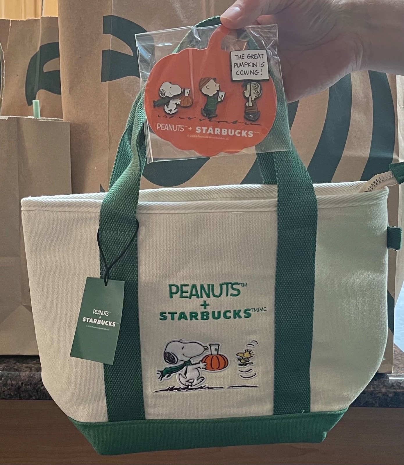 IN HAND AUTHENTIC Set of 2 Peanuts x Starbucks Mini Tote & Enamel Pin Set US