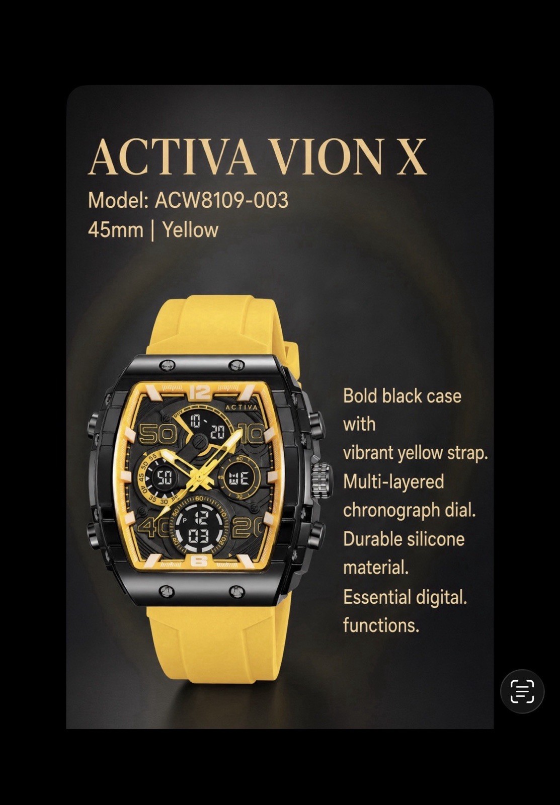 Activa X Invicta Men\'s Watch 45mm Black Yellow ACW8109-003 Digi Analog NIB $99