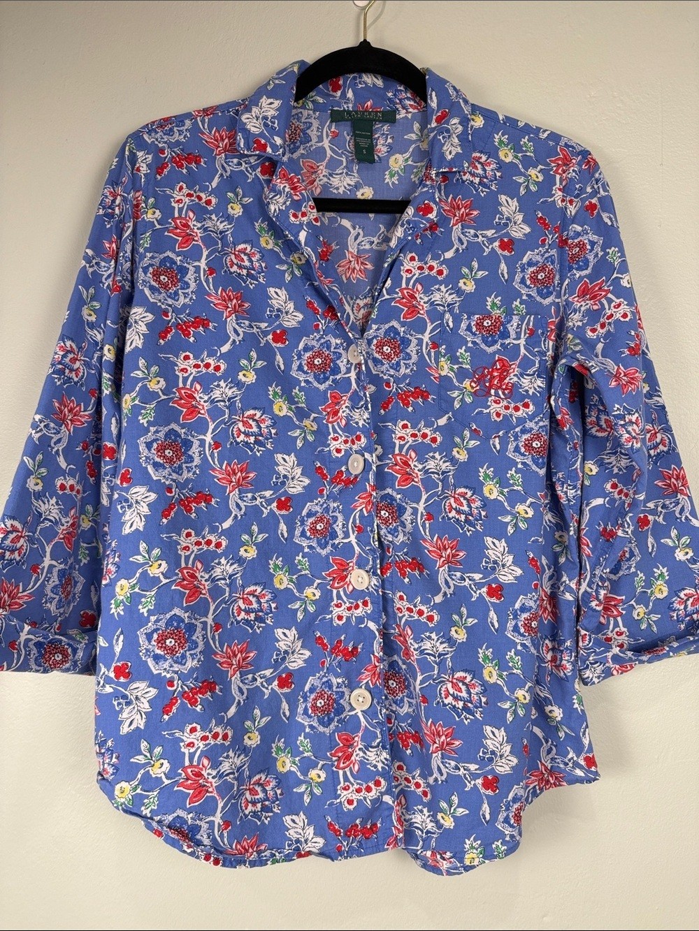 Lauren Ralph Lauren Blue Monogram Red Floral Button-Front Shirt Size Small EUC