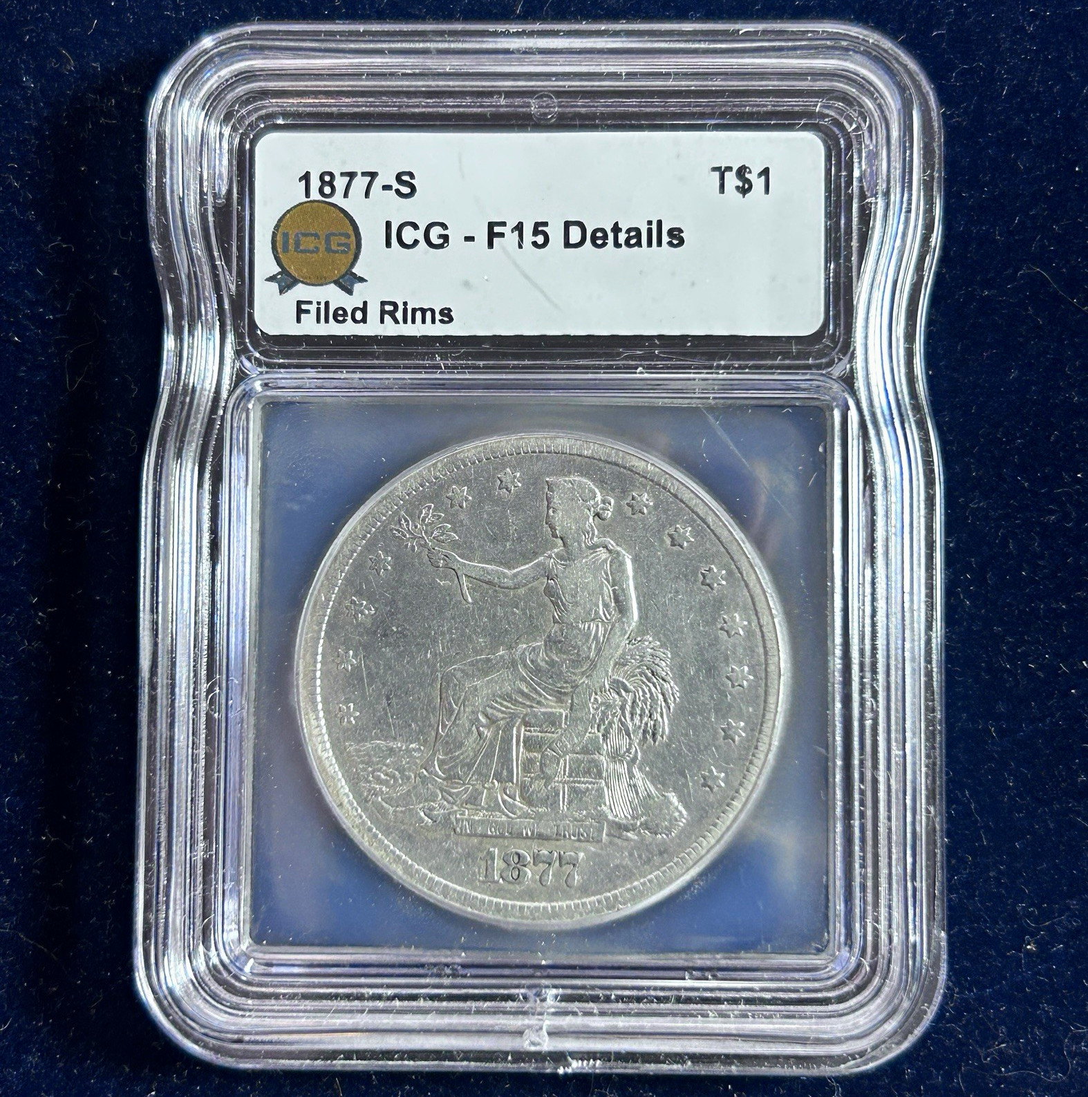 1877-S, T$1 Trade Dollar  ICG F15 Details Filed Rims
