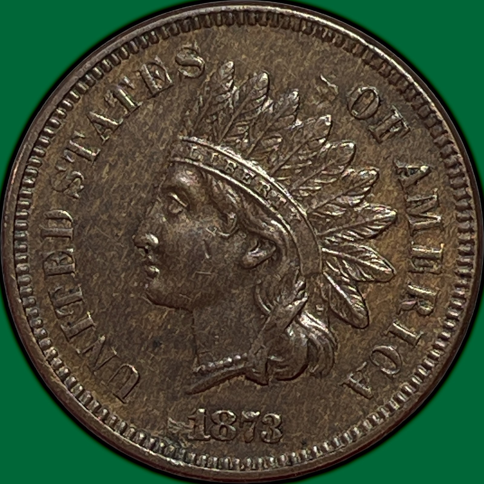 1873 Open 3 Indian Head Cent Choice Almost Uncirculated AU+ Coin #48120