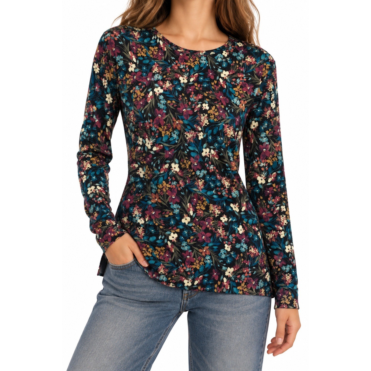 J. Jill Simply Supima Cotton Floral Crew Tunic Top Small Fall Natural Fibers