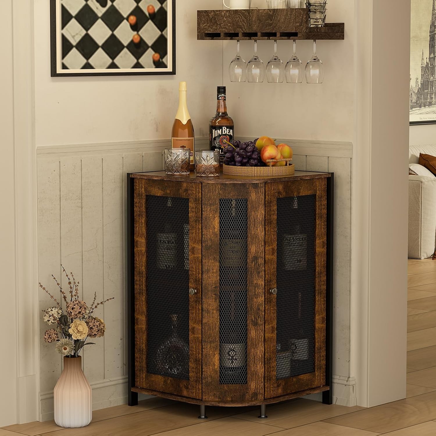 3-Tier Corner Bar Cabinet, Liquor Cabinet with Open Shelf & Door