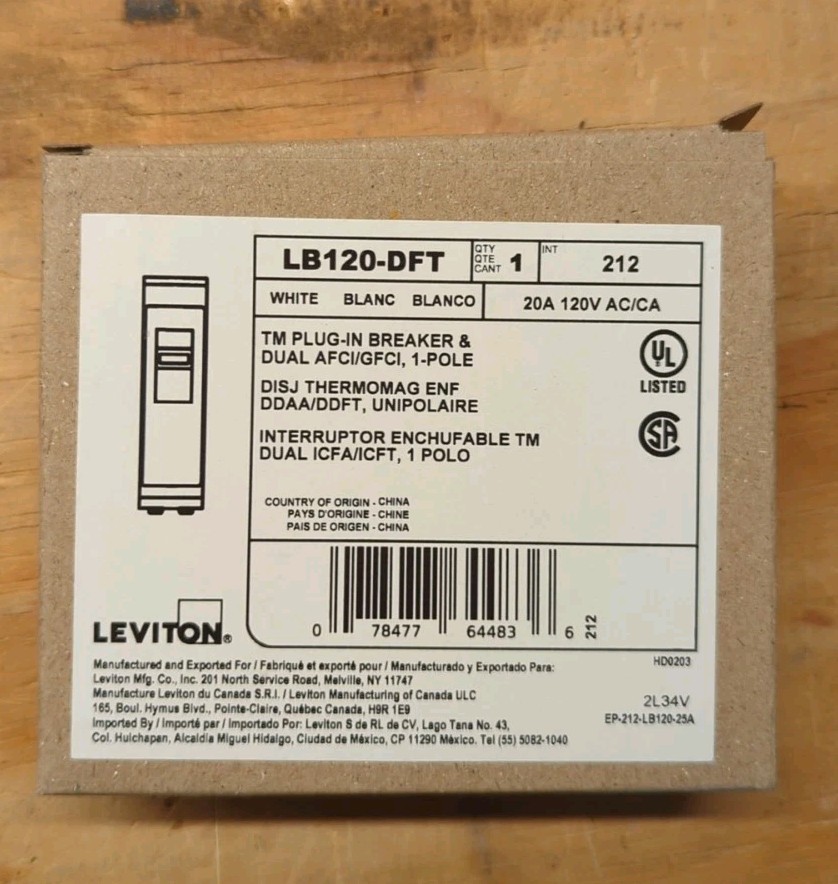 Leviton LB120-DFT 20A 1-Pole Plug-On AFCI Circuit Breaker 20A 1-POLE 120V 