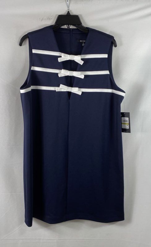 BCBG Women\'s Navy White Sleeveless Bow Detail V-Neck Cutout Dress Sz 14 NWT