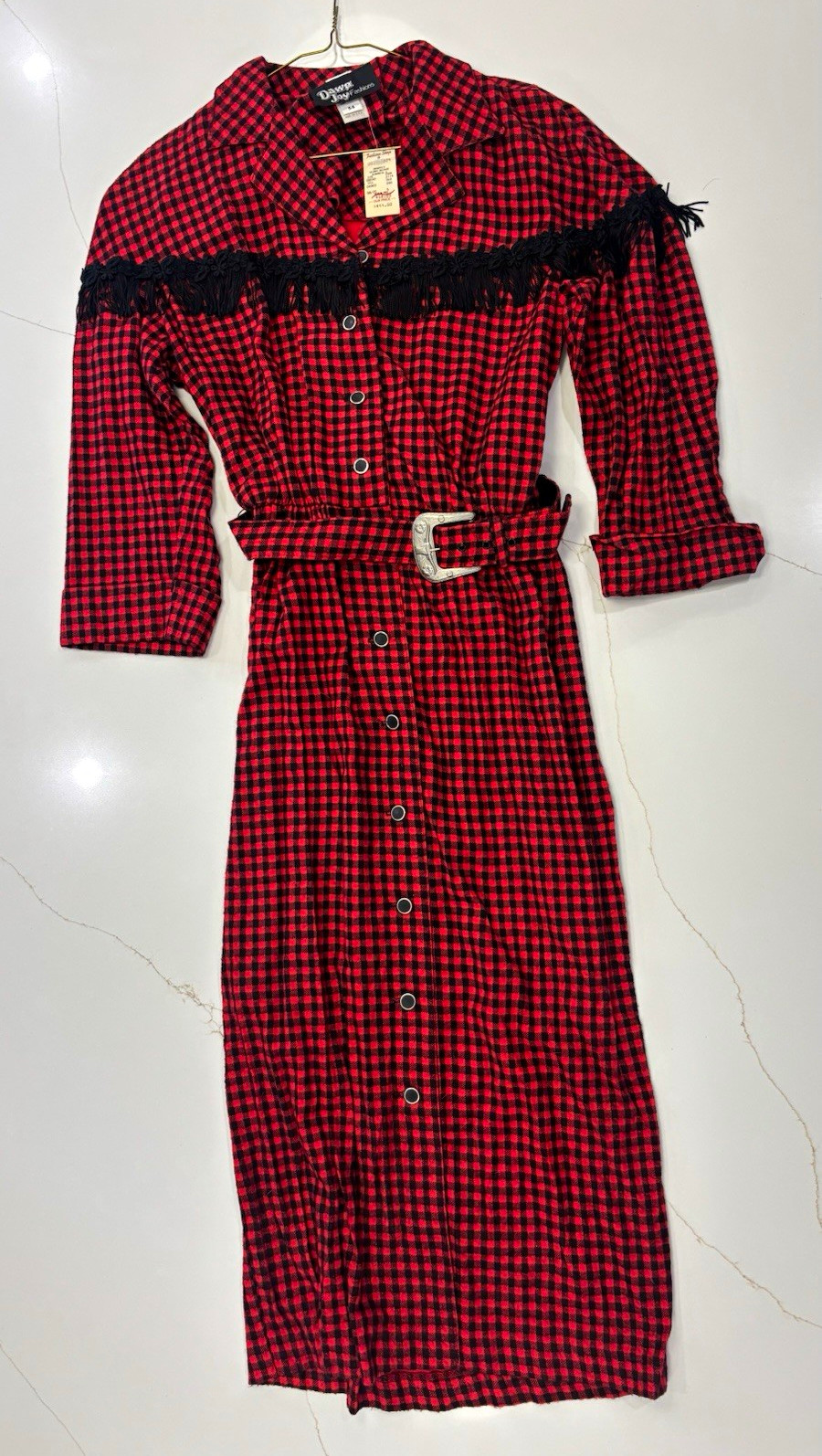 D Joy Fashions Women’s Size 6 Red/Black Check Long Sleeve Button Belted Midi