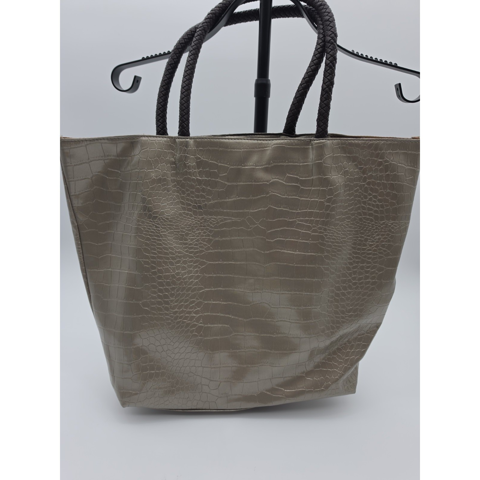 Large Vintage Neiman Marcus Gold Tote Bag With Leather Braided Handle.