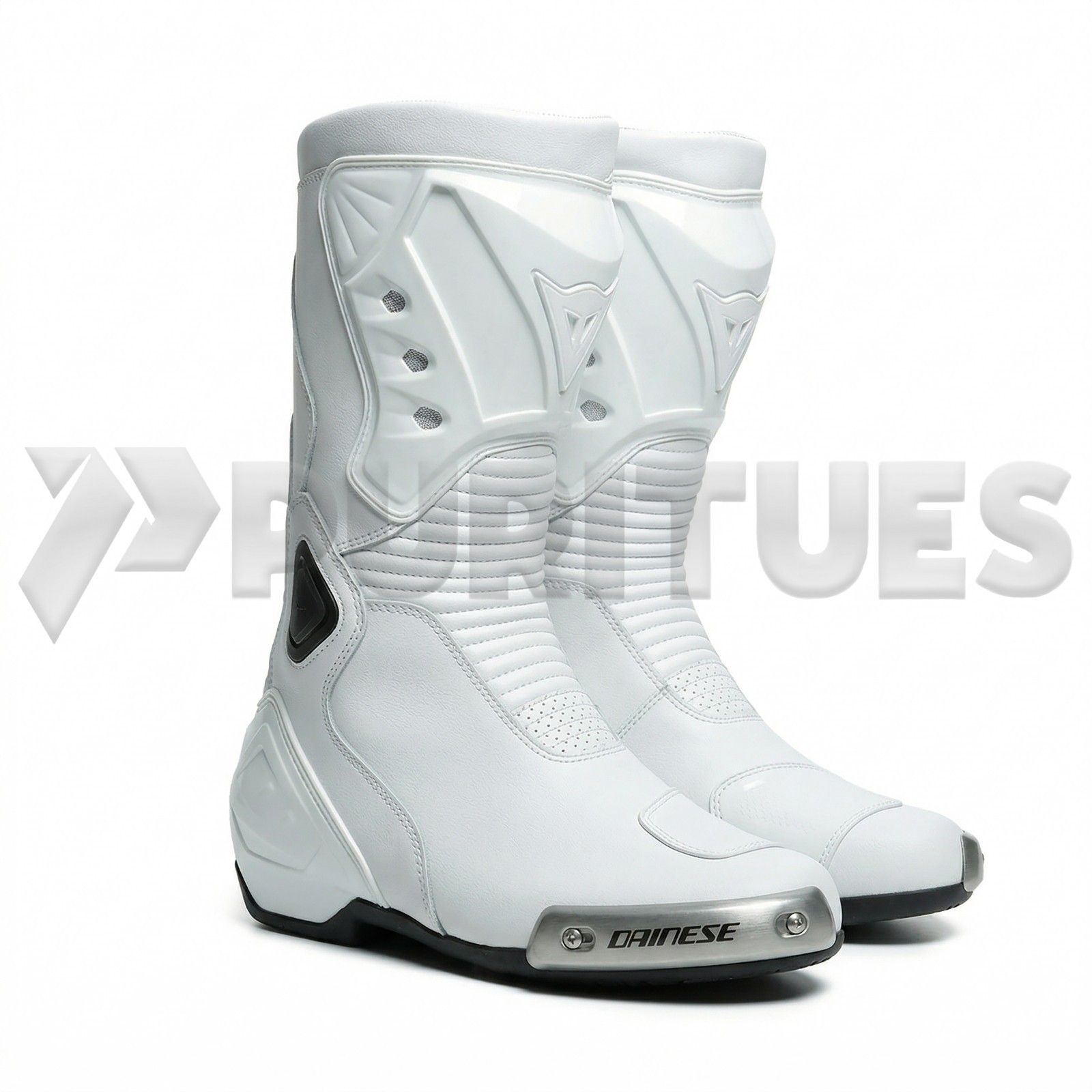 Men\'s White Leather Motorcycle Boots Racing Track Riding Armor Sliders
