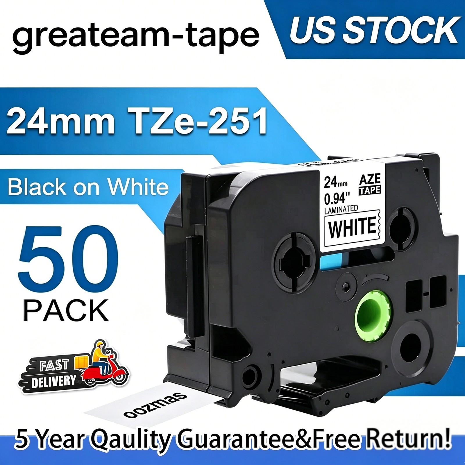 50PK 24mm Tz-251 TZe-251 Black on White Label Tape For Brother P-touch PT2730