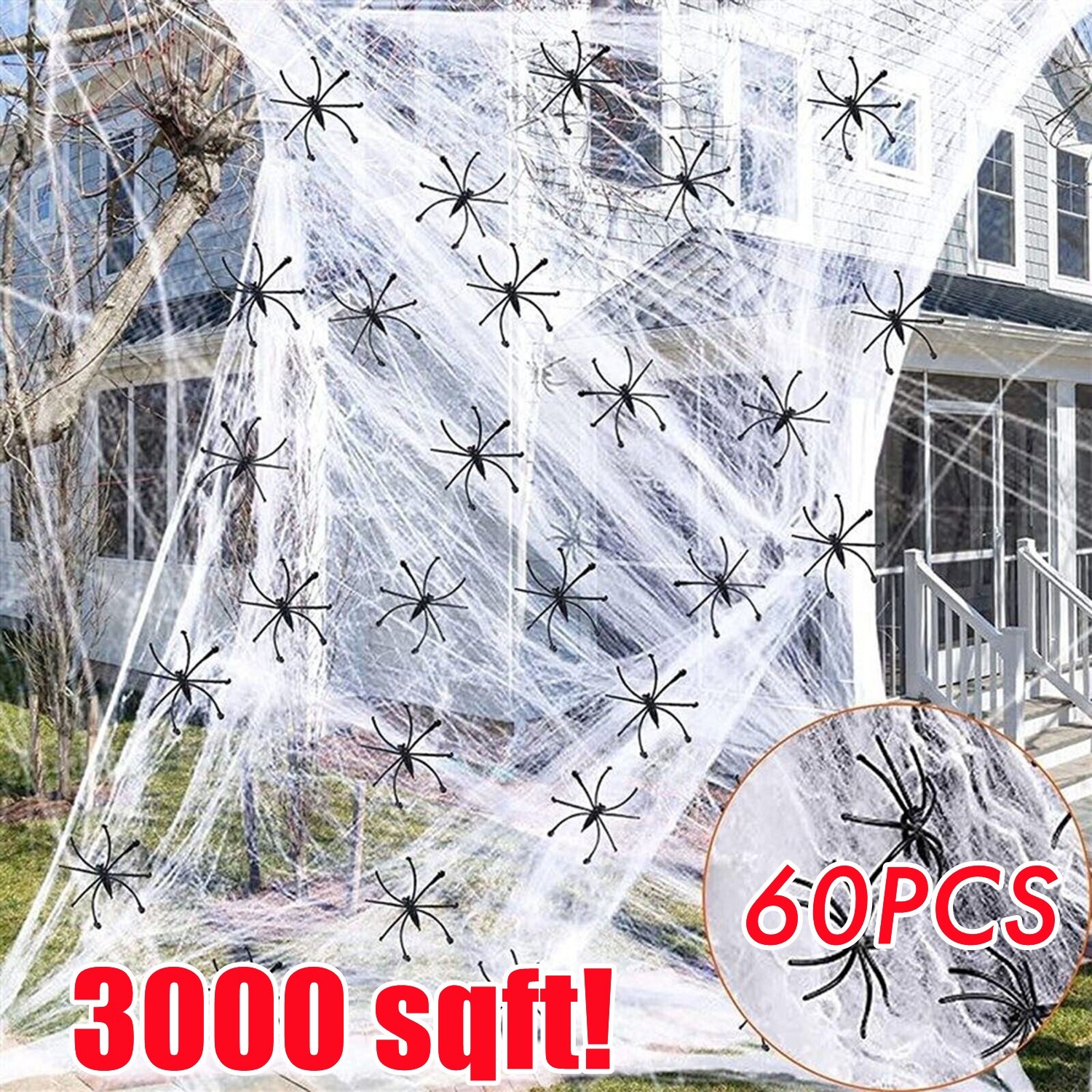 Large 3000 Sqft Halloween Spider Web With 60 Realistic Spiders Outdoor Decor USA