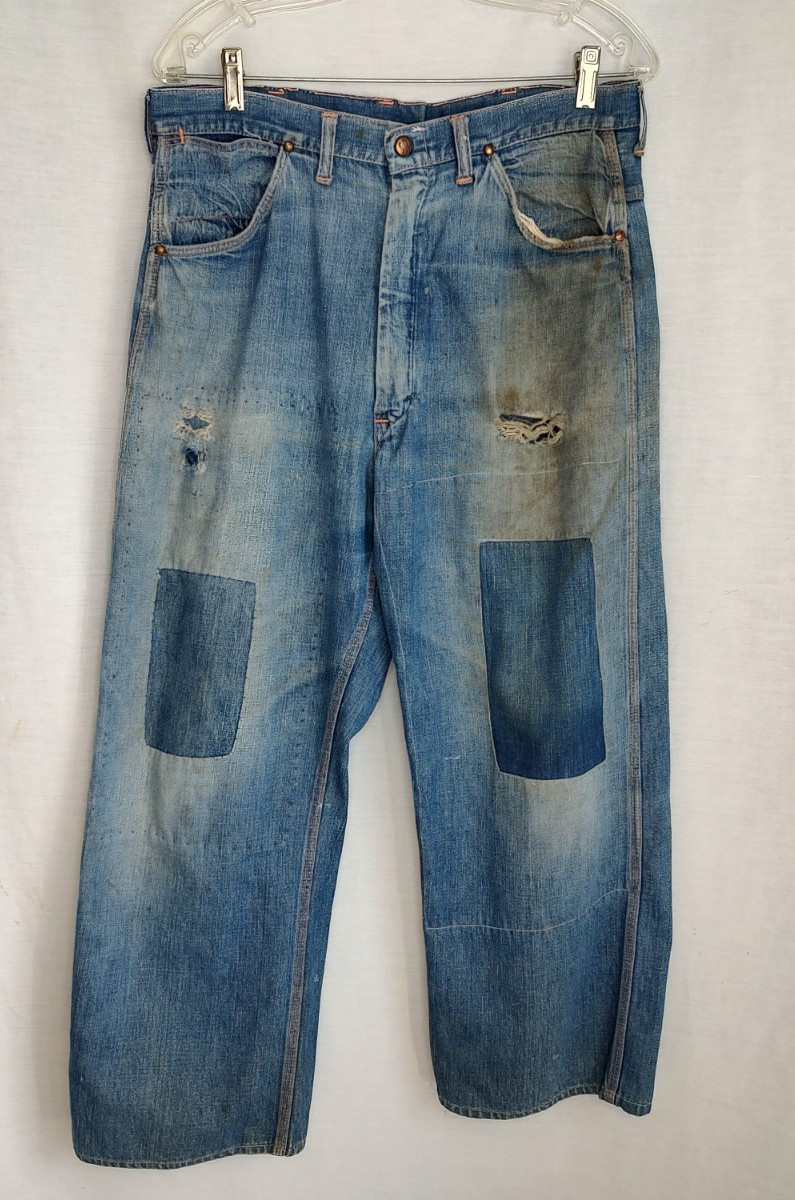Vtg 40s/50s SR Strong Reliable Denim Jeans Farm Worn Distressed Patched Holes Vtg 40s/50s SR Strong Reliable Denim Jeans Farm Worn Distressed Patched Holes