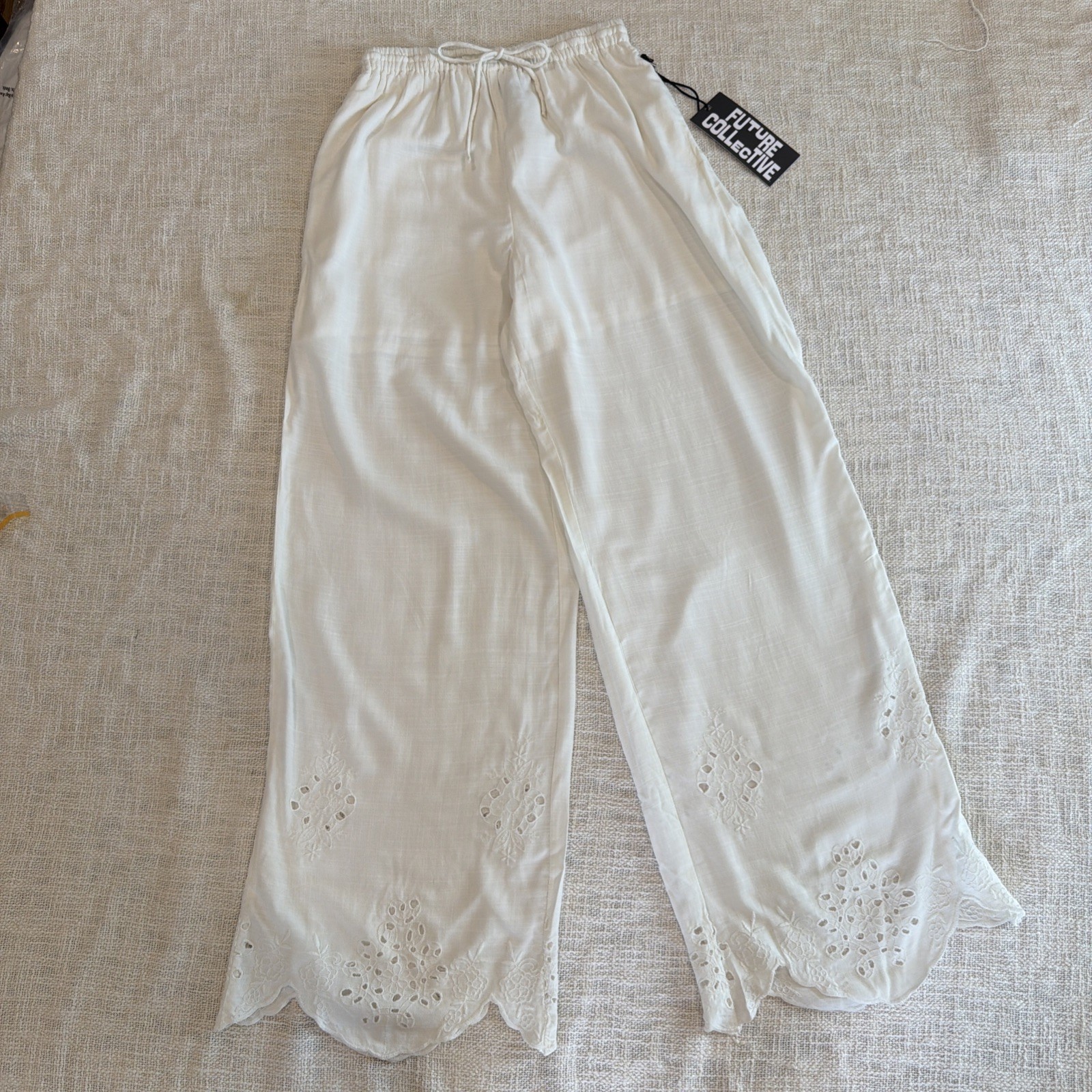Future Collective White Viscose Embroidered Pants W/interior Liner Future Collective White Viscose Embroidered Pants W/interior Liner