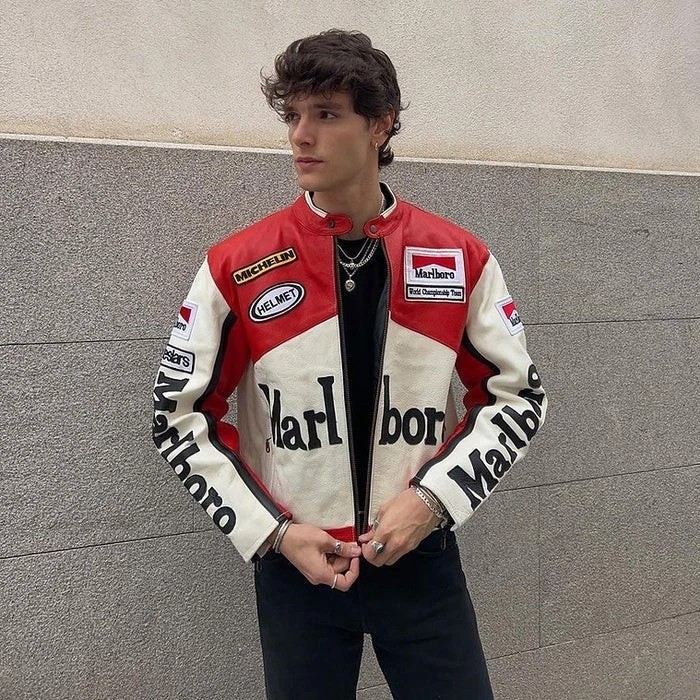 Men's Marlboro Vintage Racing Red & White Edition Cowhide Leather Biker Jacket