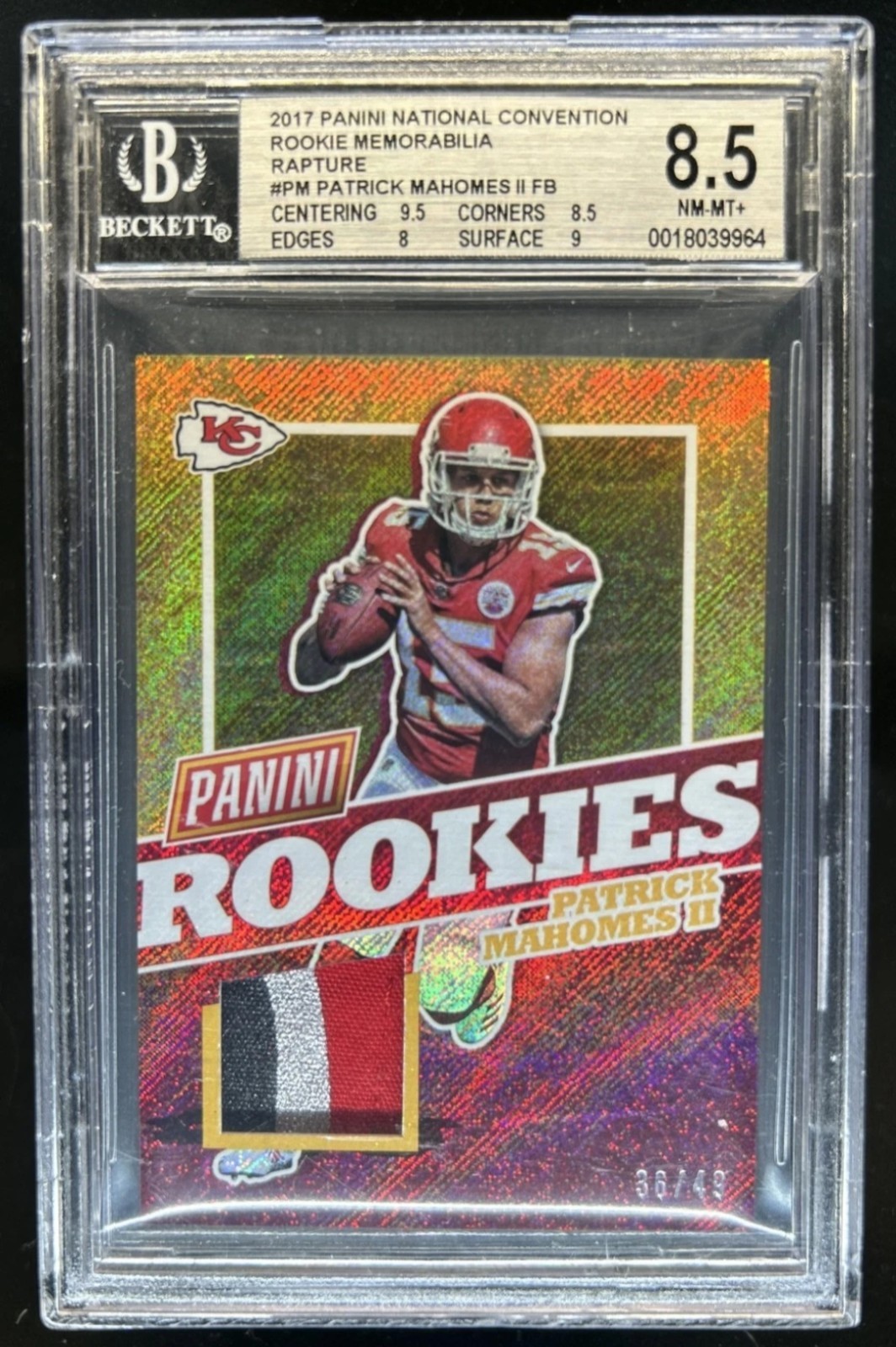 2017 Panini National Patrick Mahomes II RC Rapture 3-Color Patch /49 BGS 8.5 2017 Panini National Patrick Mahomes II RC Rapture 3-Color Patch /49 BGS 8.5