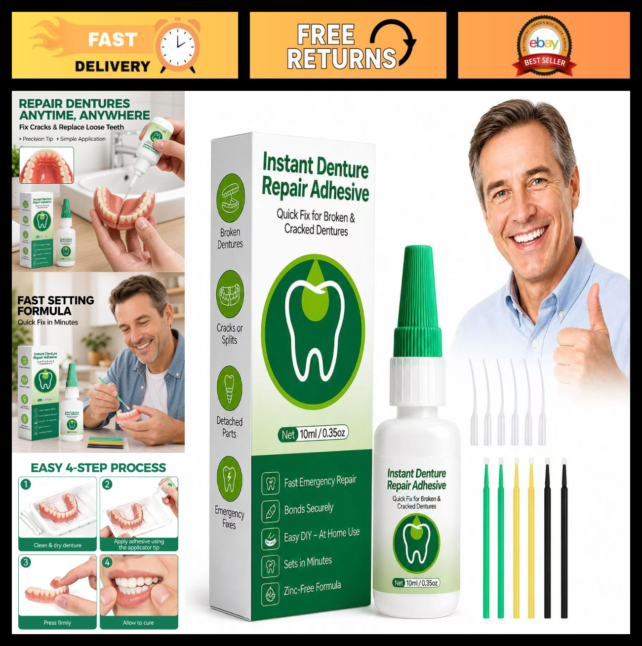 Instant Bonding Denture Repair Kit - Fast Setting Adhesive Glue for Broken Dentu
