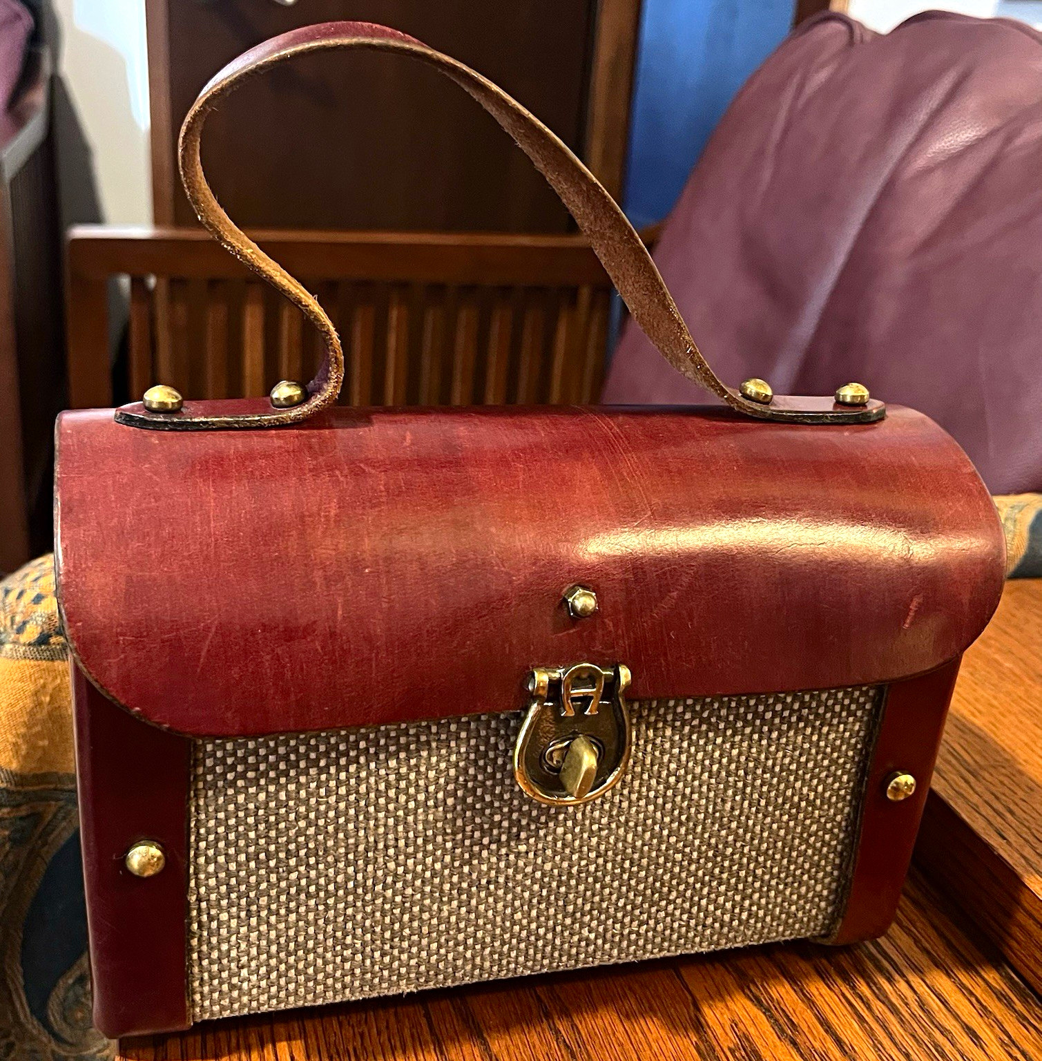 RARE Vintage 1960s Etienne Aigner HANDMADE Oxblood Leather Tweed Box Bag Satchel