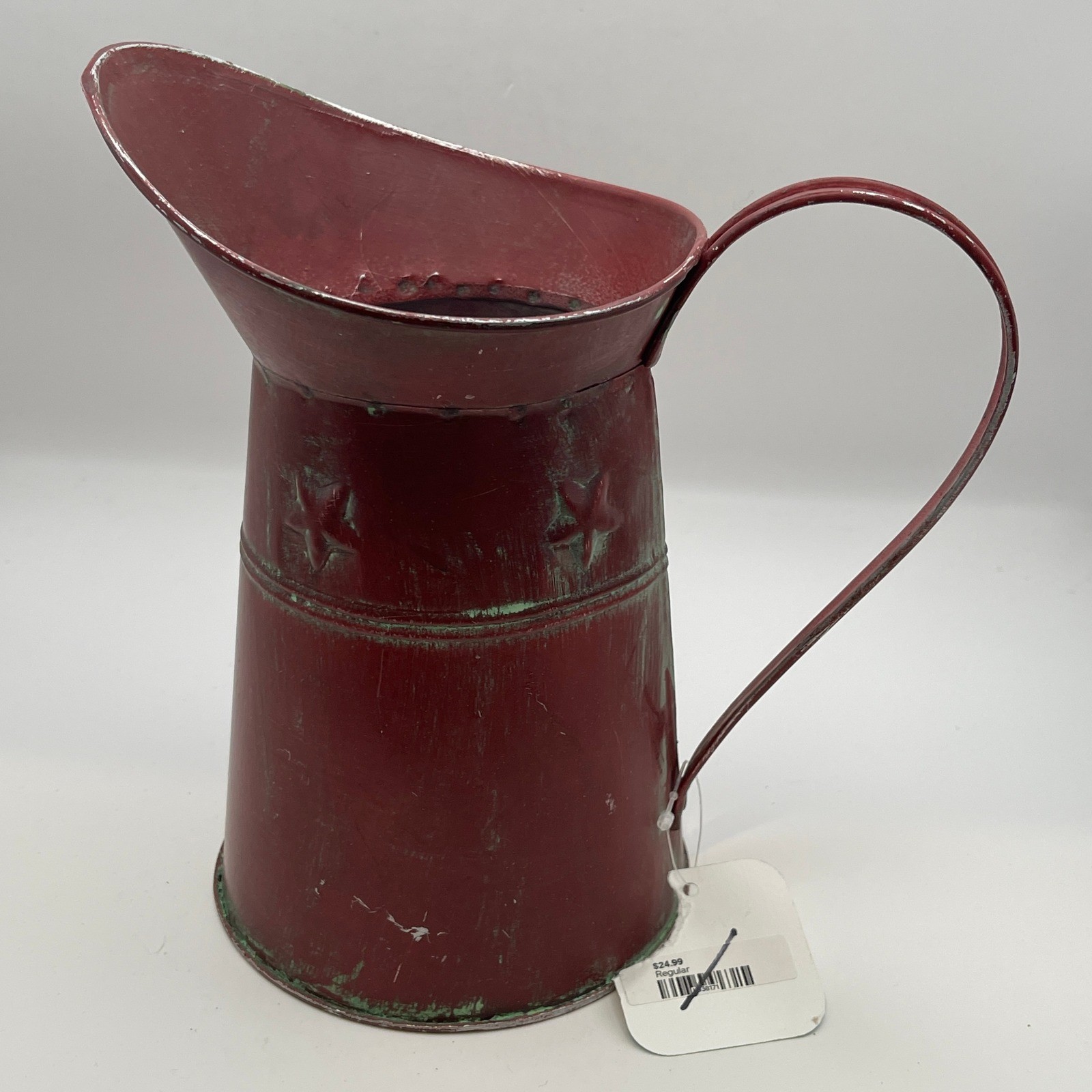 Rustic Red Metal Pitcher Vase Distressed Farmhouse Star Embossed Decor GM8789