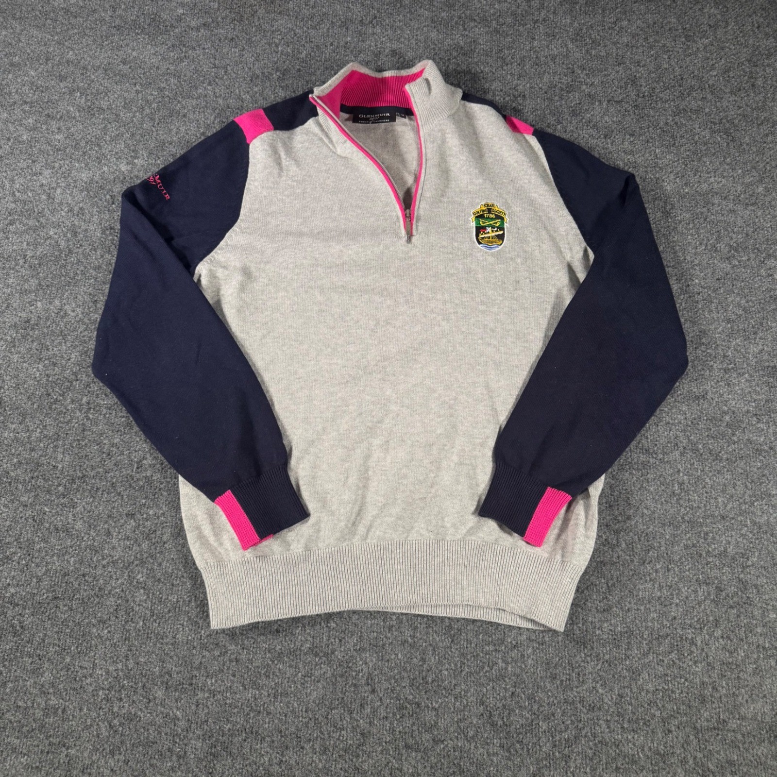 Glenmuir 1891 Golf Sweater Mens M Grey Navy Pink Cashmere Blend 1/4 Zip Crail