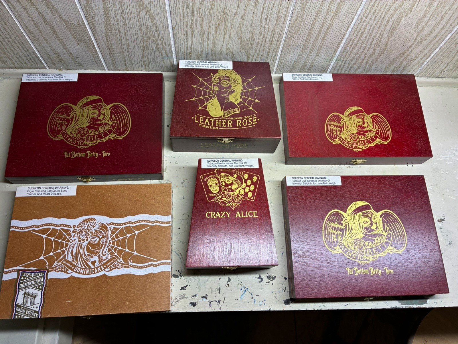 Drew Estate Deadwood Lot of 6 EMPTY Cigar Boxes- Leather Rose Crazy Alice Drew Estate Deadwood Lot of 6 EMPTY Cigar Boxes- Leather Rose Crazy Alice