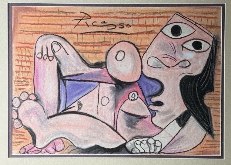 Original Pastel After Picasso Reclining Nude Cubist Modernist Art Framed 21x17