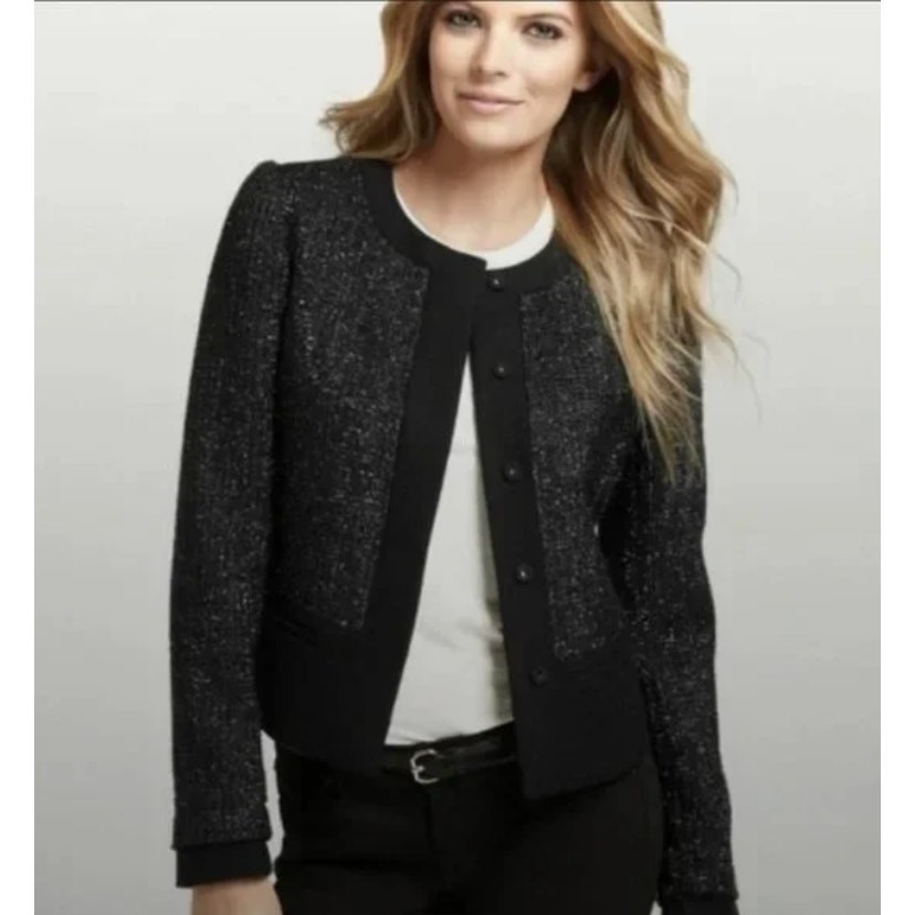 NWT Ann Taylor Metallic Wool Blend Tweed Cropped Jacket Black Tweed Blazer 8