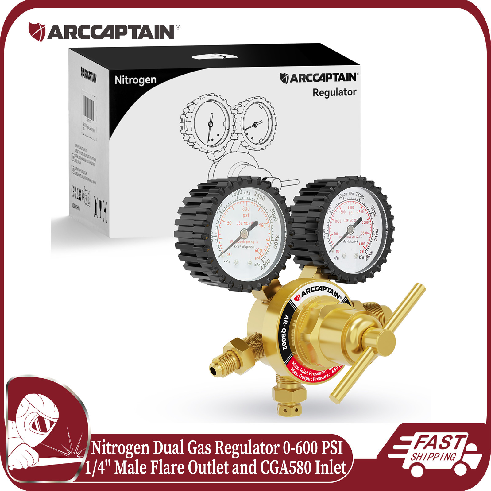 ARCCAPTAIN Nitrogen Gas Regulator 0-800 PSI 0-4000PSI Output Pressure CGA580 New