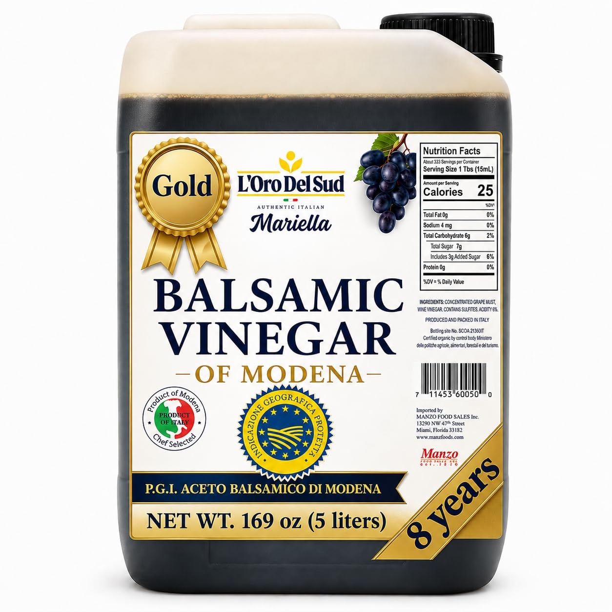L'Oro Del Sud 8 Year Aged Balsamic Vinegar of Modena, 5 Liters (169 Oz) IGP Cert L'Oro Del Sud 8 Year Aged Balsamic Vinegar of Modena, 5 Liters (169 Oz) IGP Cert