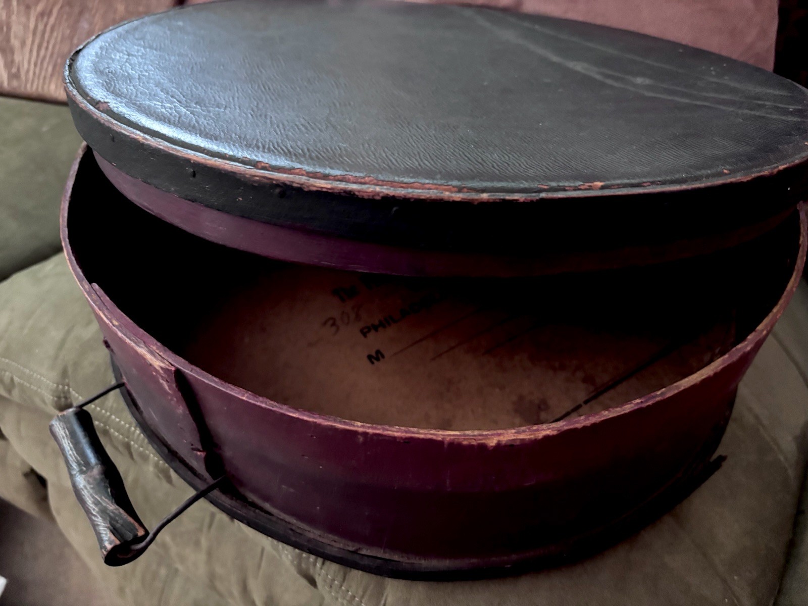 Antique Menswear Bentwood & Leather Pantry Box w/ Original Advertising