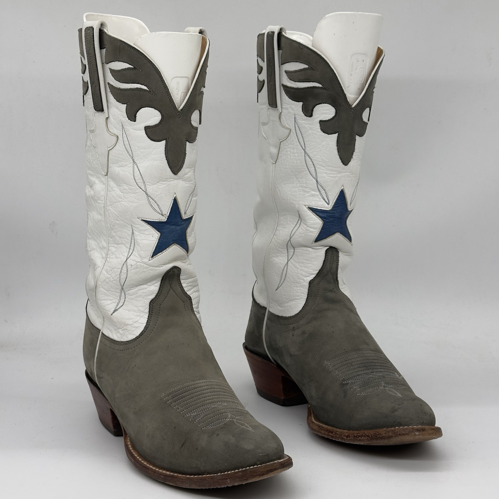 Vtg Men\'s Lucchese Classics Handmade Star Gray White Cowboy Nubuck Boots 9.5 D