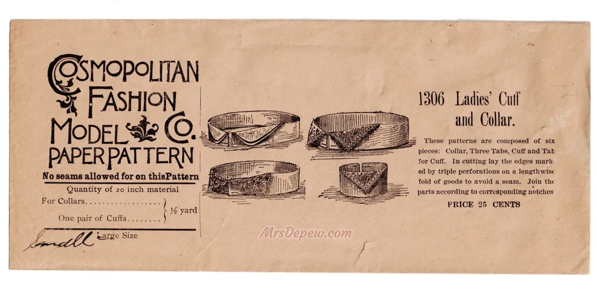 RARE Antique 1890s Sewing Pattern Ladies\' Cuff & Collar Cosmopolitan No.1306