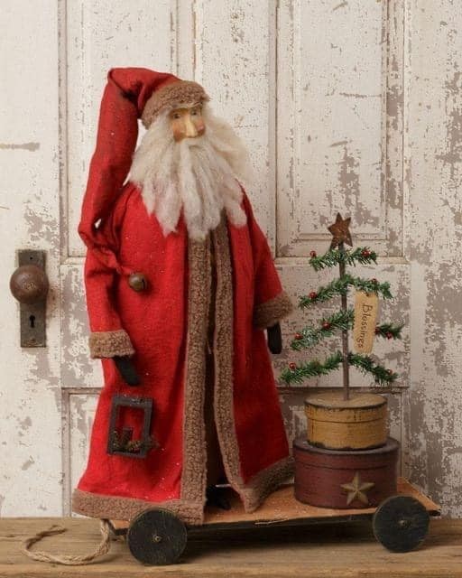 Primitive Christmas LARGE OLD TIME SANTA ON CART Standing Doll Figure Primitive Christmas LARGE OLD TIME SANTA ON CART Standing Doll Figure