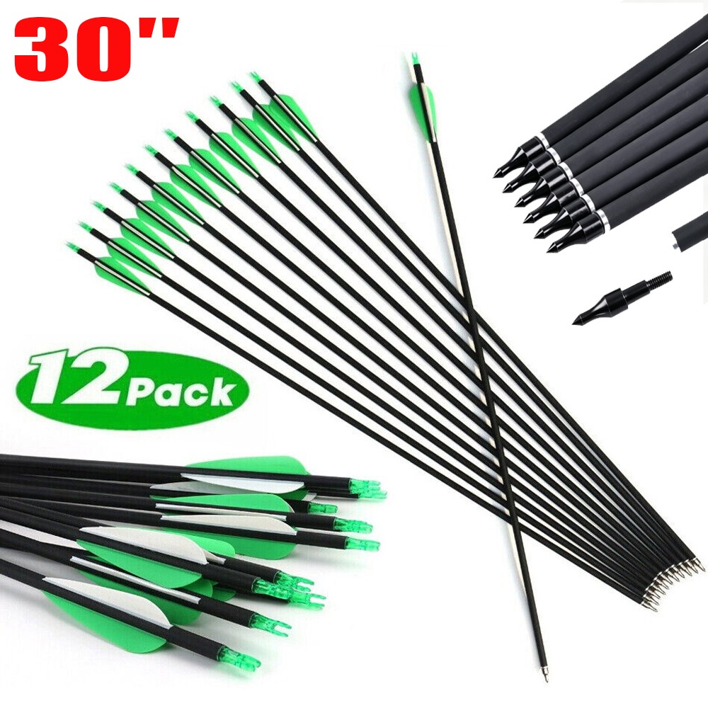 12Pack 30” Archery Carbon Arrows Hunting For Compound &Recurve Bow 500 OD 7.8mm