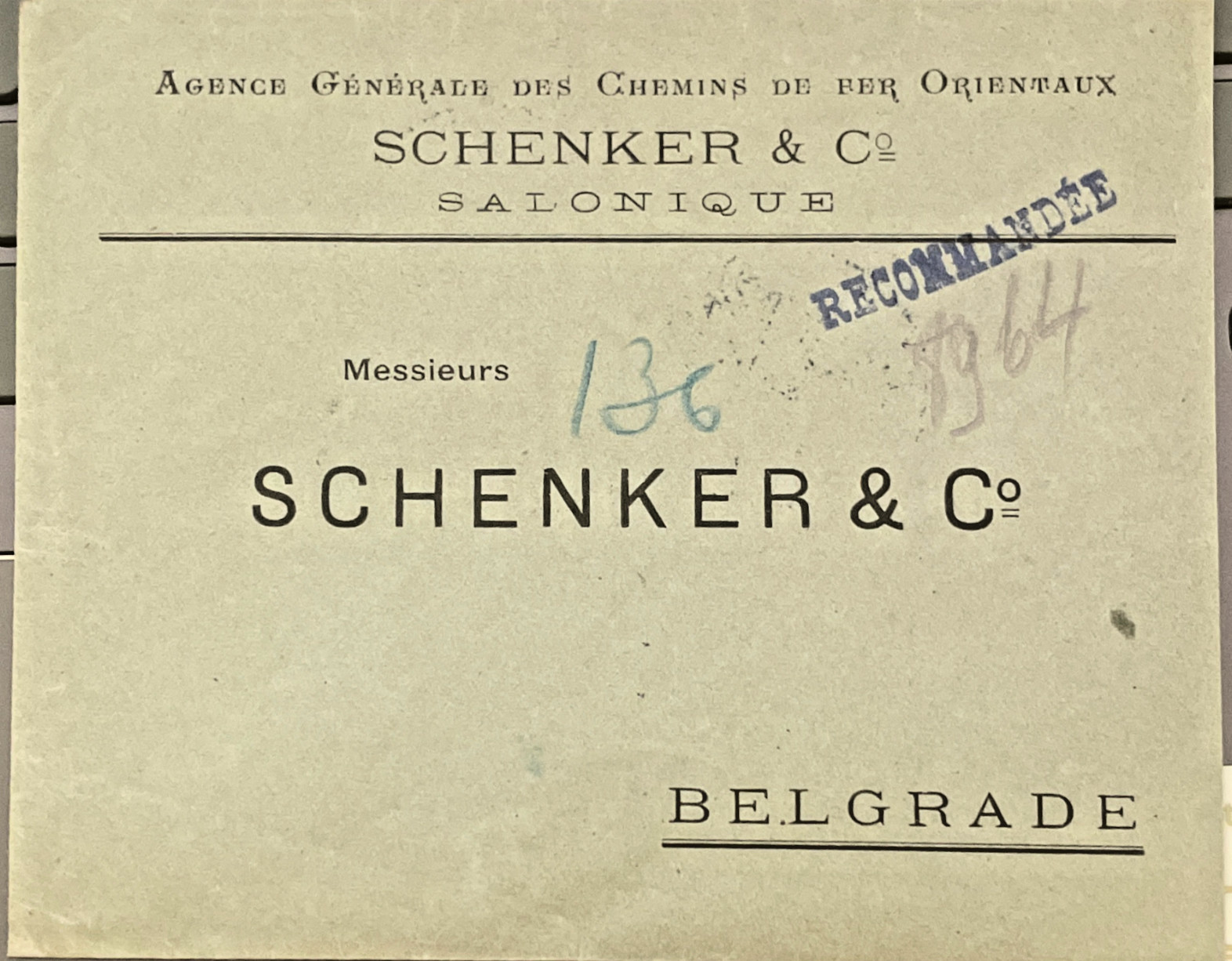 Ottoman Turkey 1911 Schenker & Co. Reg. Cover sent to Belgrade from Salonique RR