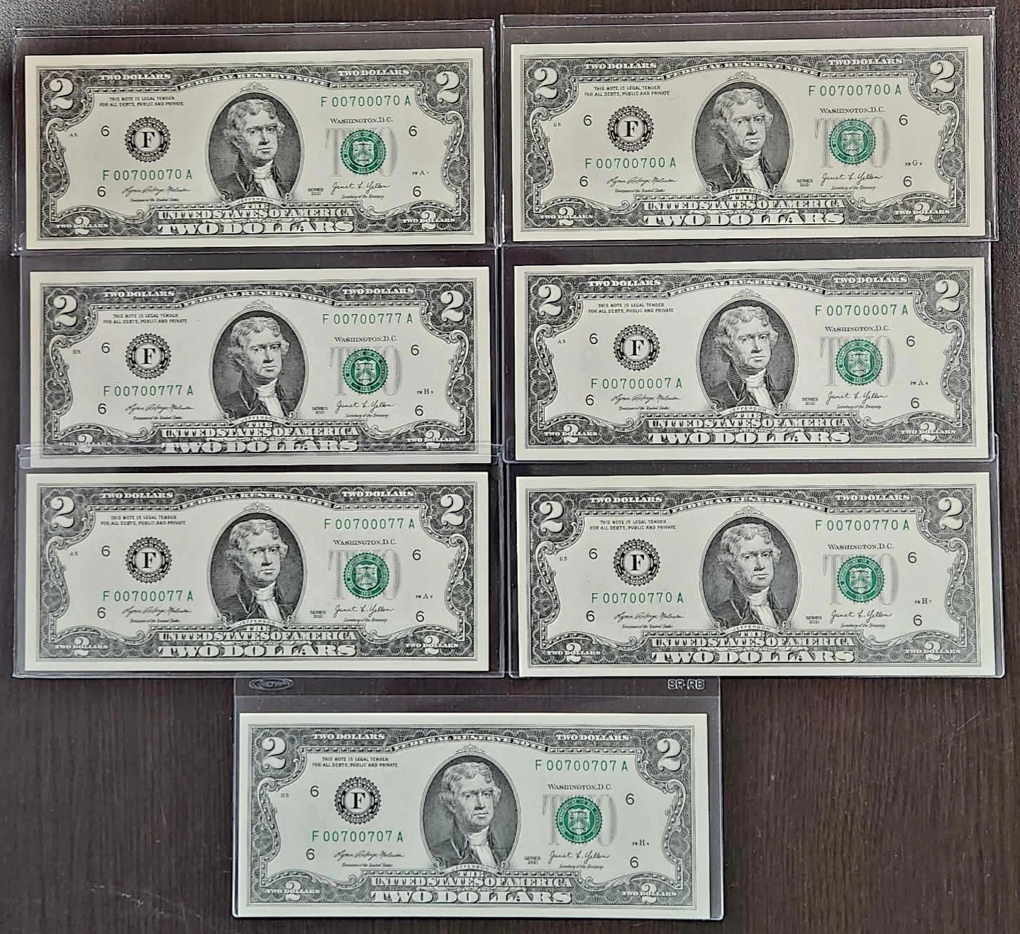 7x $2 Bills Fancy Serial Numbers–Binary 0 & 7 Radar,Repeater “Agent 007” Set UNC