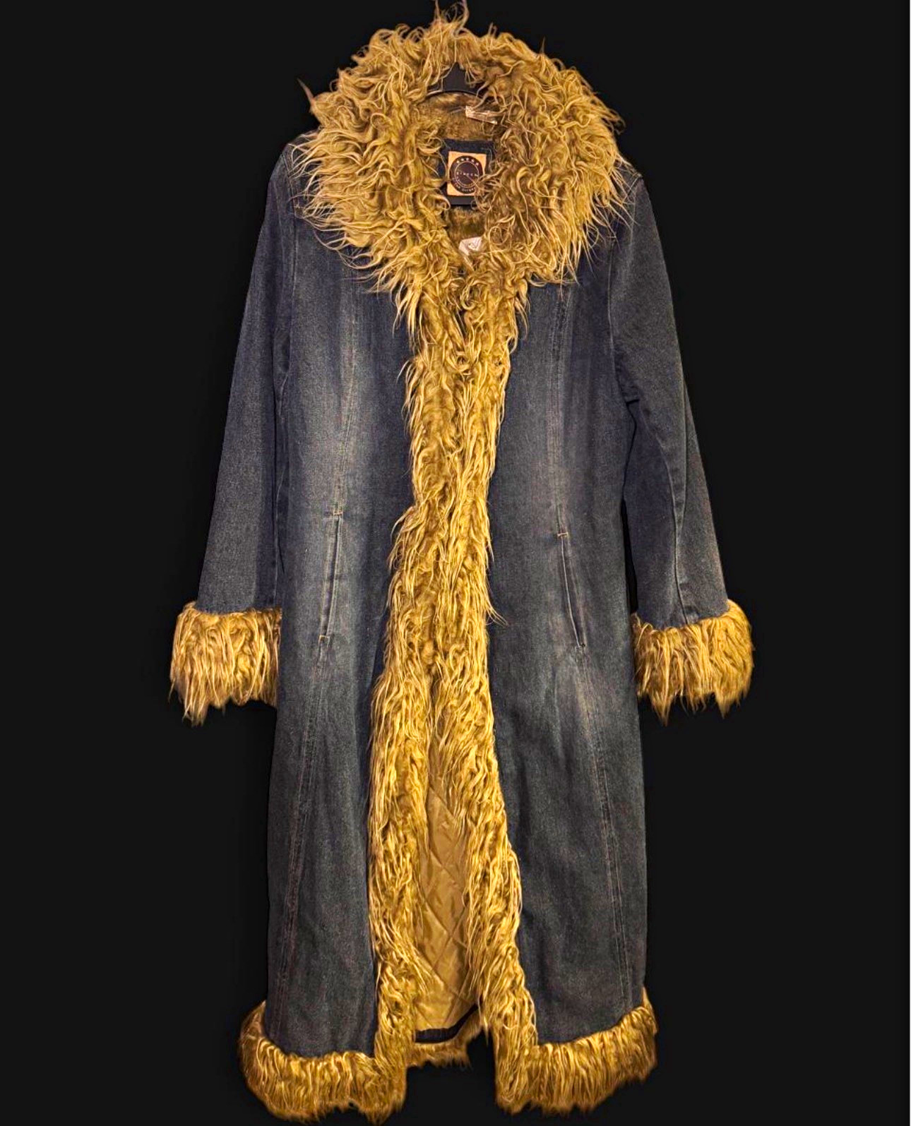 Vintage 2005 Giacca Denim Maxi Coat Womens L Faux Fur Trim Penny Lane Y2K Vintage 2005 Giacca Denim Maxi Coat Womens L Faux Fur Trim Penny Lane Y2K