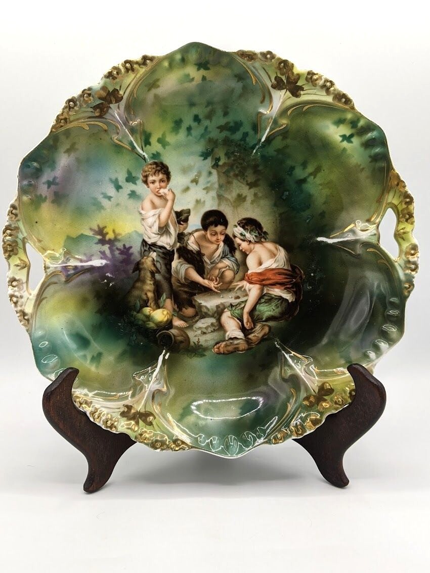 Antique R.S. Prussia DICE THROWERS Porcelain Cake Plate Red Mark Present 10\
