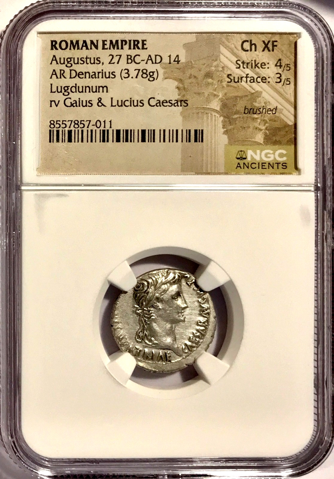 27 BC-14 AD Augustus Ancient Roman Silver Denarius Coin Lugdunum NGC Choice XF