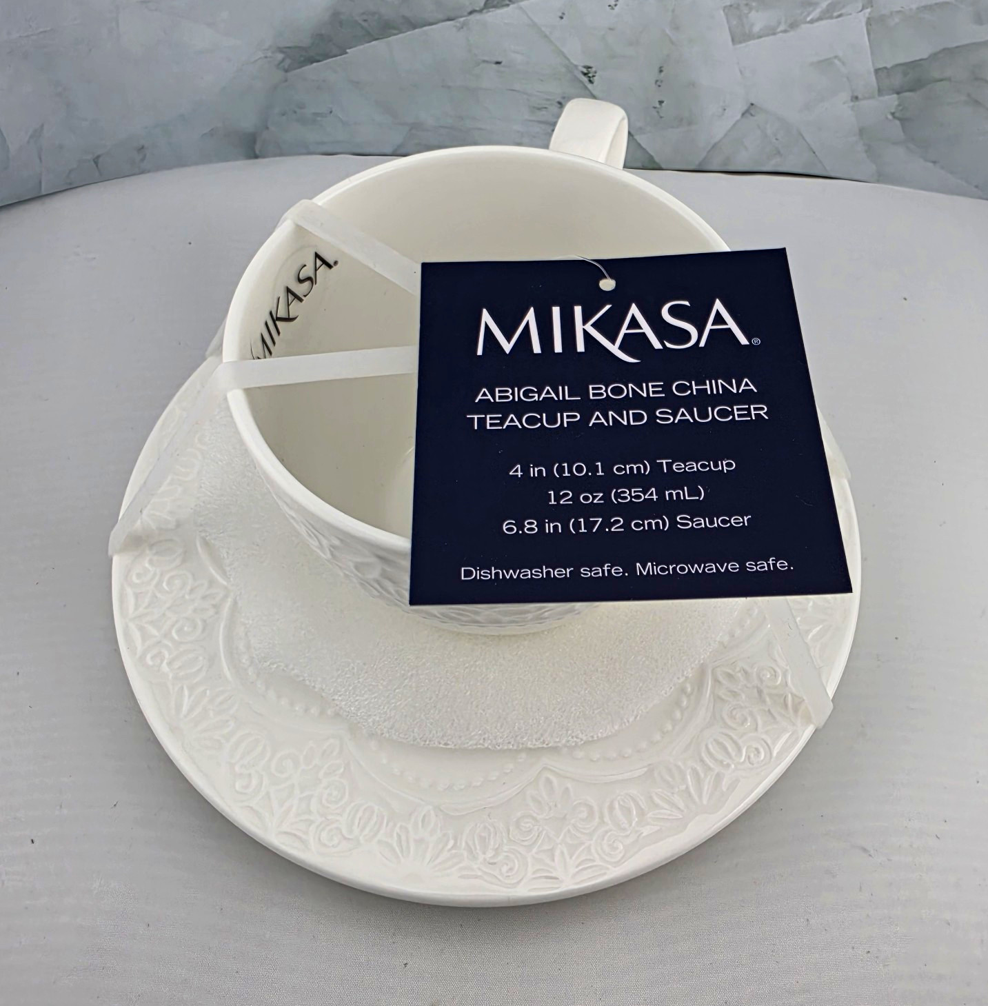 Mikasa Abigail Bone China Tea Cup & Saucer Set White 12 oz 2-Piece Dishwasher Mikasa Abigail Bone China Tea Cup & Saucer Set White 12 oz 2-Piece Dishwasher
