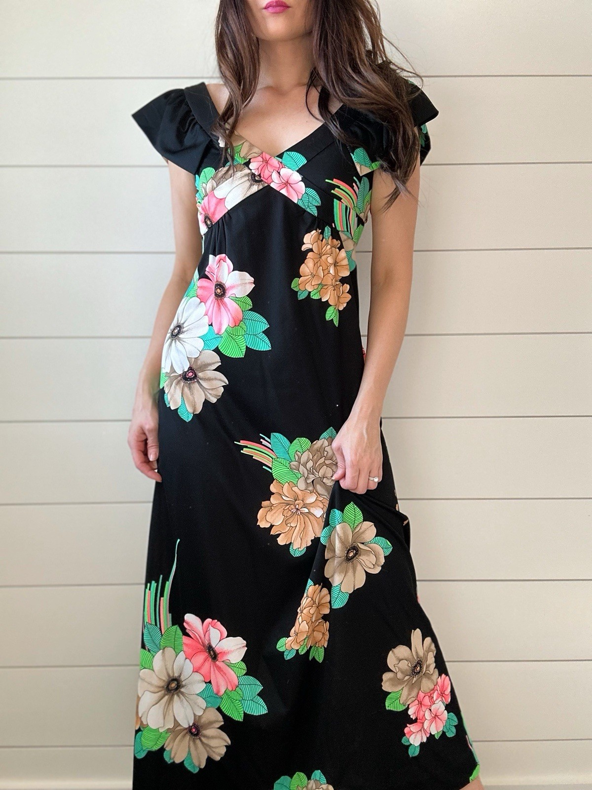 Vintage Hawaiian Dress 1970s Handmade Maxi Boho Hippie Florals XS 0/2