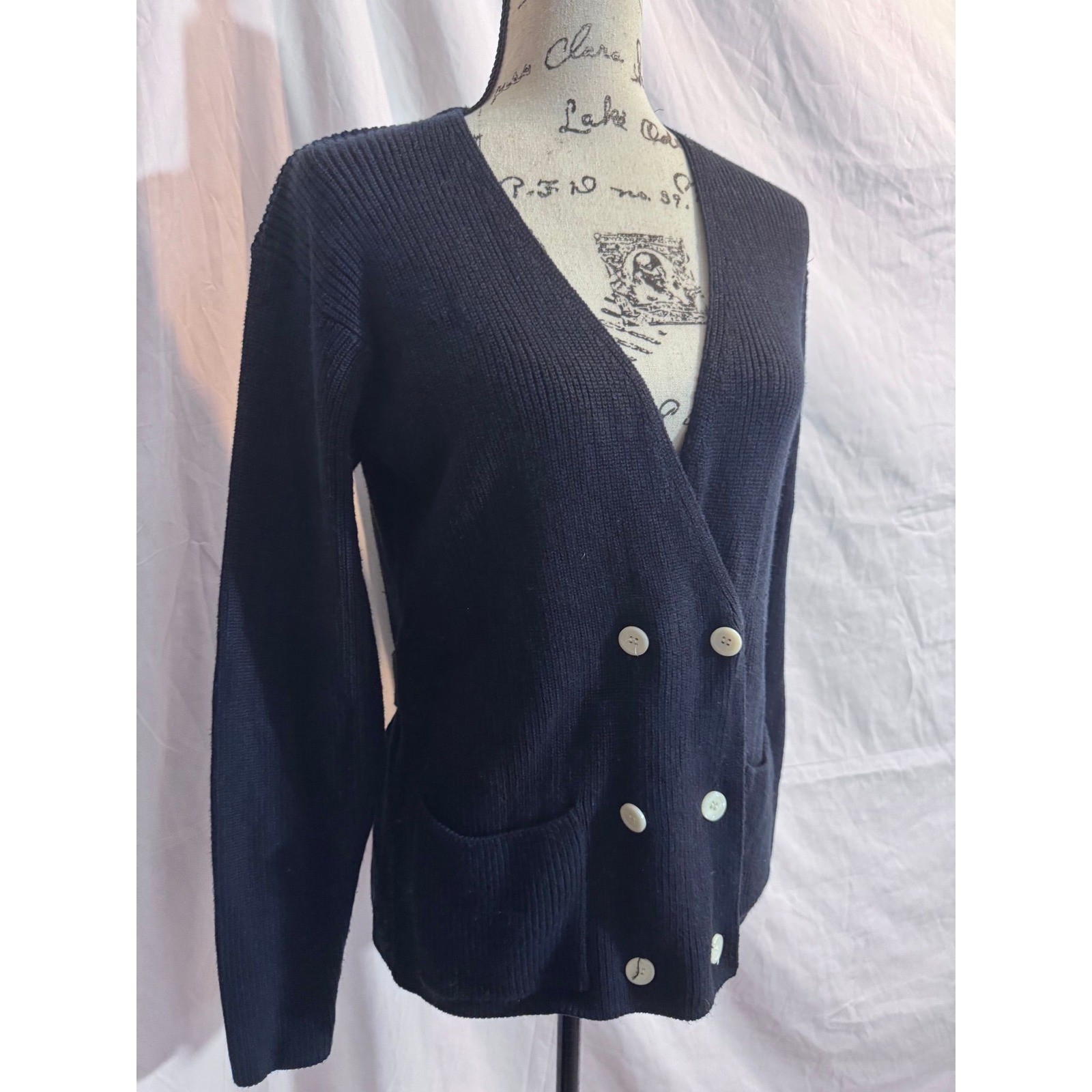 Jones New York 90\'s Petite Navy Blue Double Breasted Ribbed Cardigan Sweater P/M