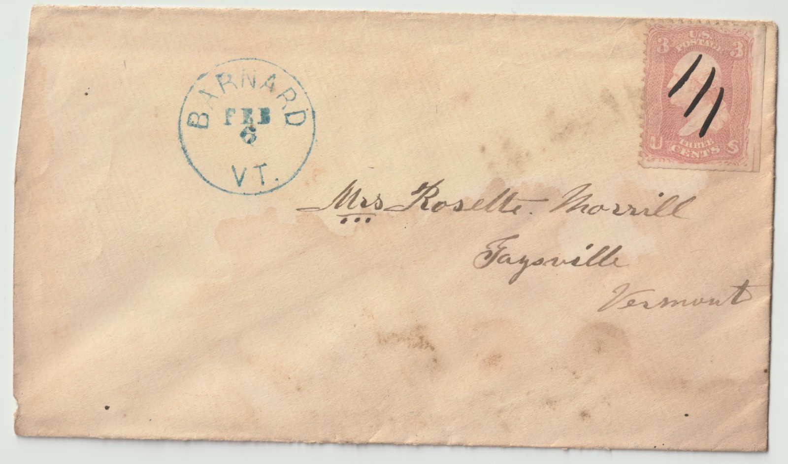 1860s Cover, Blue cancel, Barnard VT, 3c Washington to Faysville Vermont