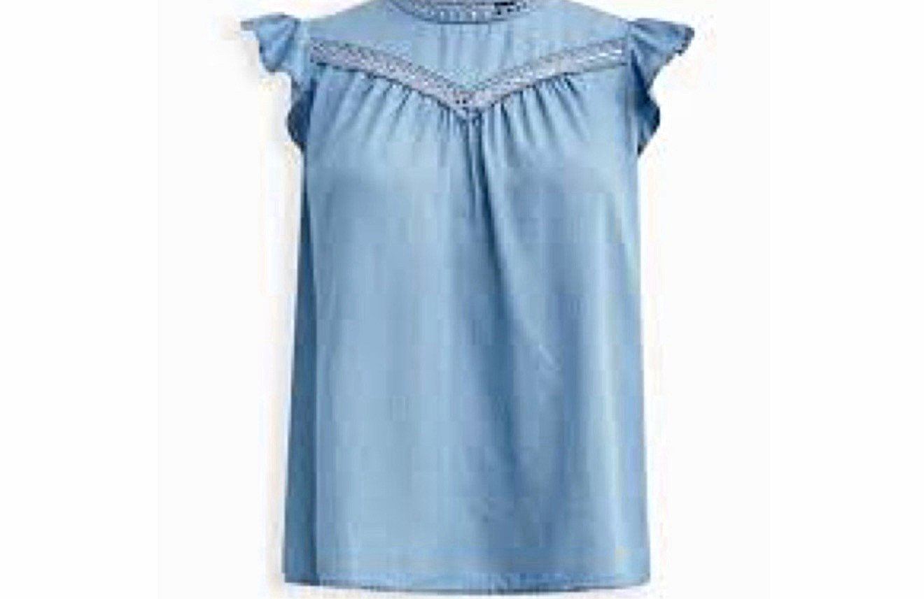 Torrid size 1 Blue Solid Round Neck Sleeveless Flutter Sleeve Crochet Blouse