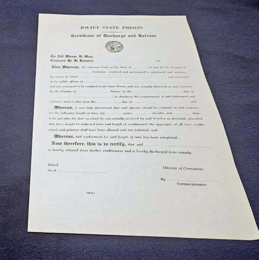 The Blues Brothers - Original Movie Prop - Joliet Prison Discharge Certificate The Blues Brothers - Original Movie Prop - Joliet Prison Discharge Certificate