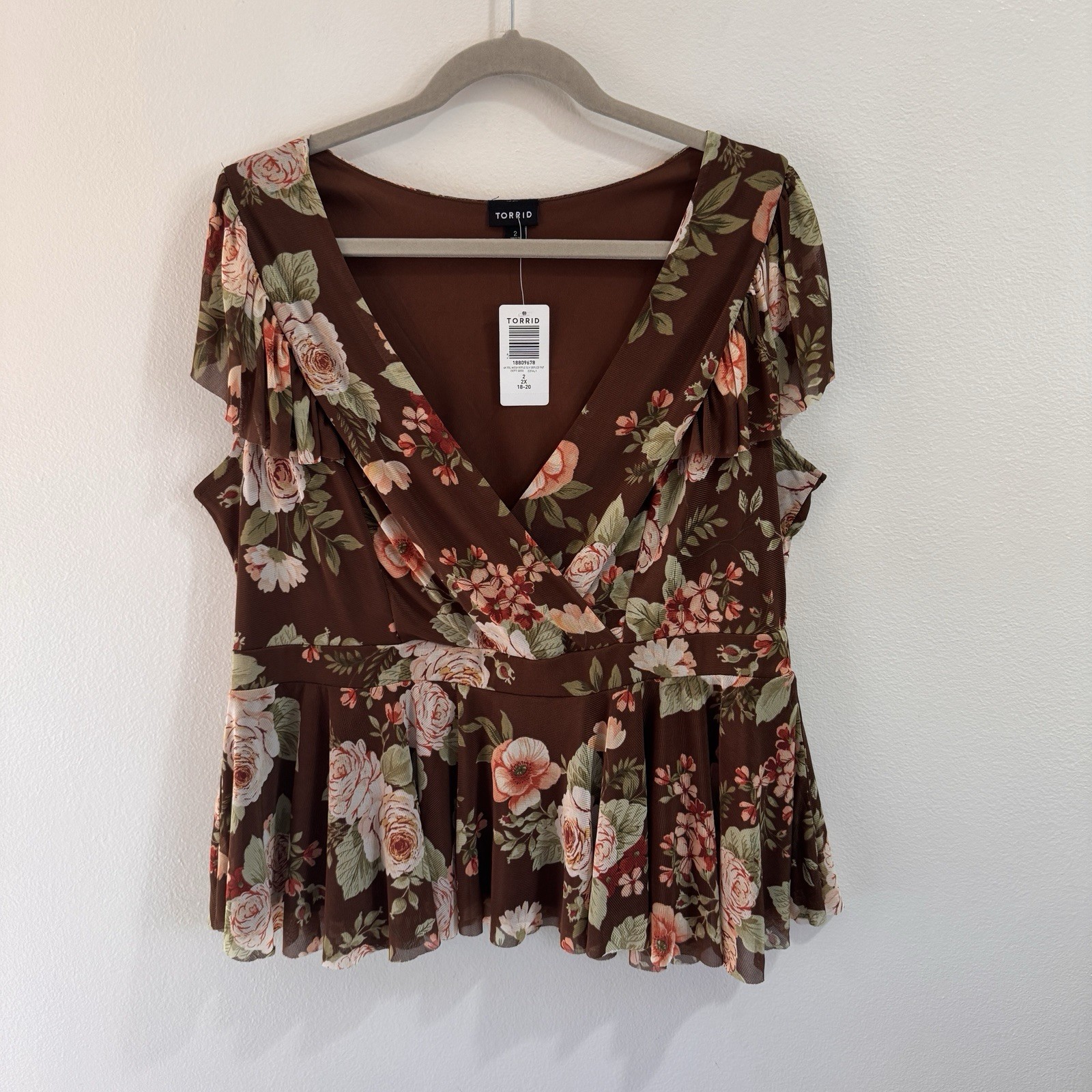 NWT Torrid T-shirt Blouse 2X Mesh V-neck Surplice Peplum Ruffle Brown Floral NWT Torrid T-shirt Blouse 2X Mesh V-neck Surplice Peplum Ruffle Brown Floral
