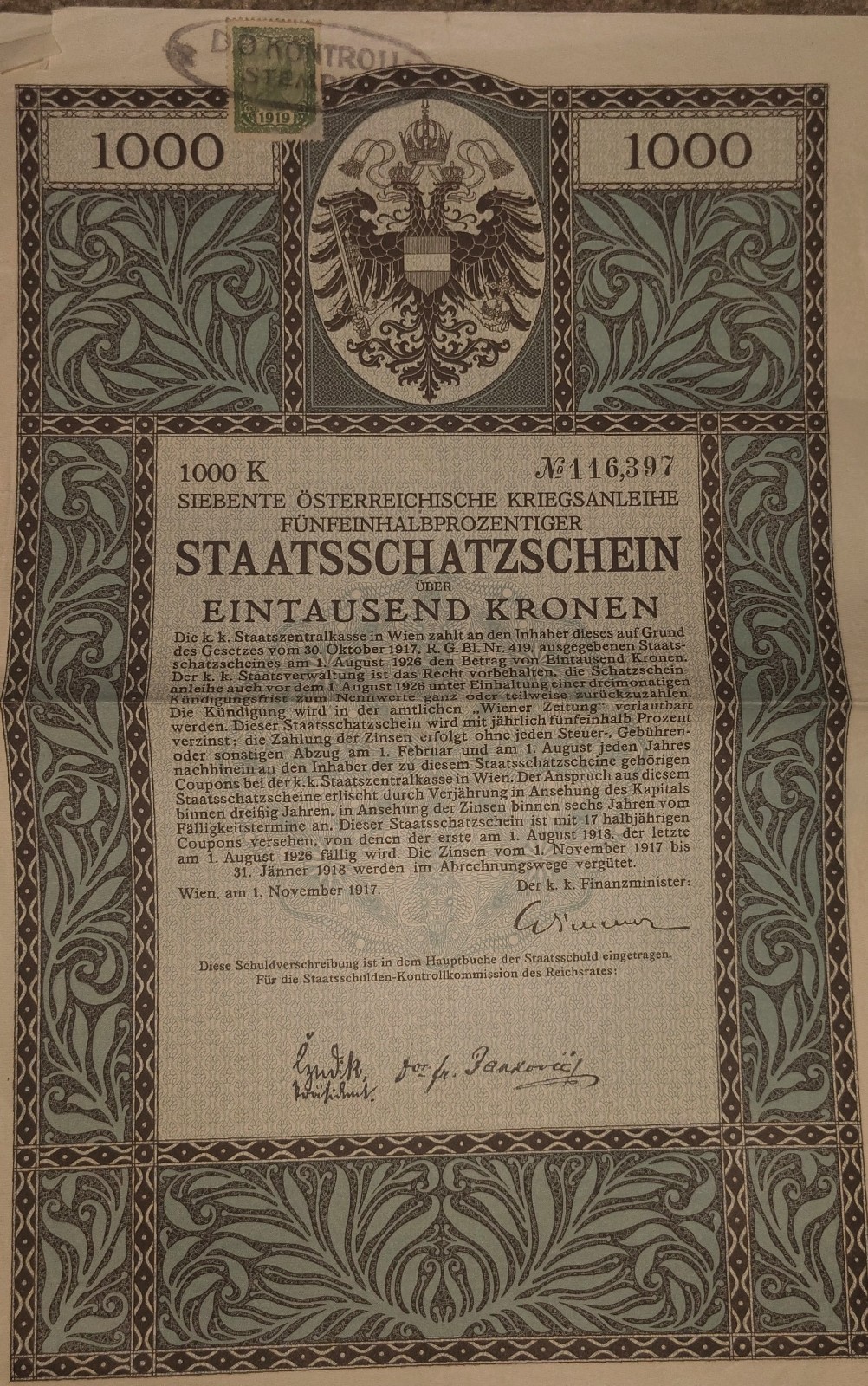 17 Austria 7th War Loan 1000 Kronen WWI Bond w/ Coupons Revenue Stamp #116397