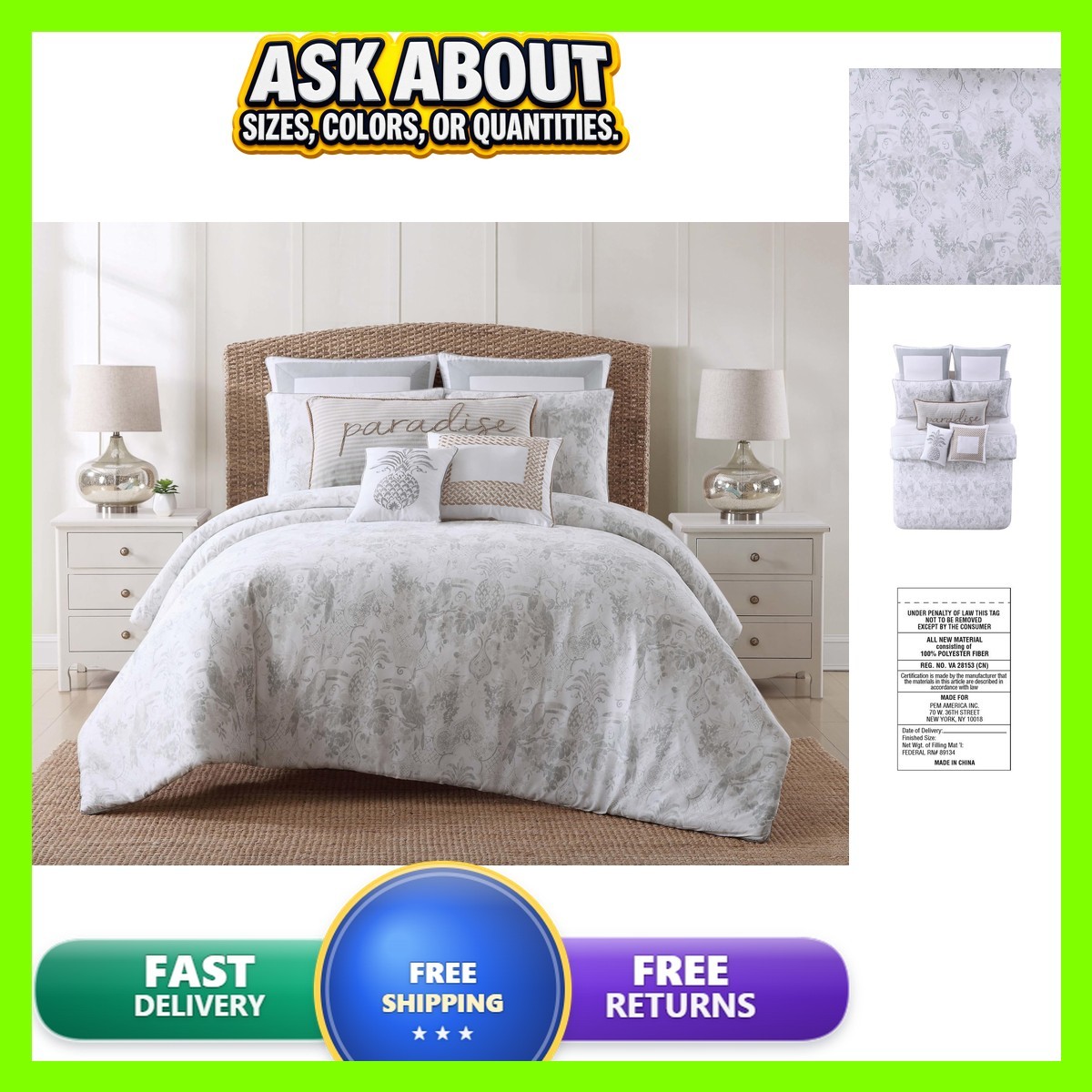 Oceanfront Resort Tropical Plantation Toile Grey White Twin XL Comforter Set Oceanfront Resort Tropical Plantation Toile Grey White Twin XL Comforter Set