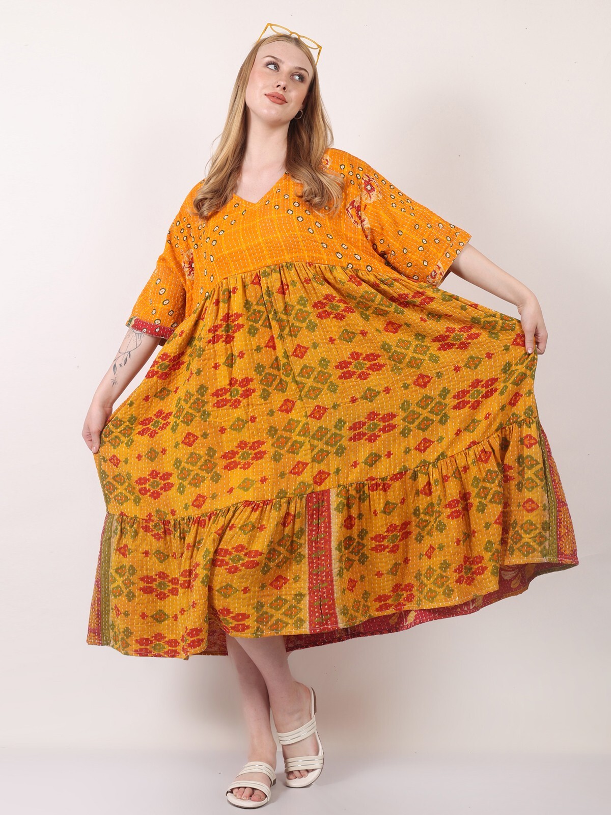 Women's Boho kantha Quilt Printed Gypsy kaftan Frock Dress Wholesale Mix Lot