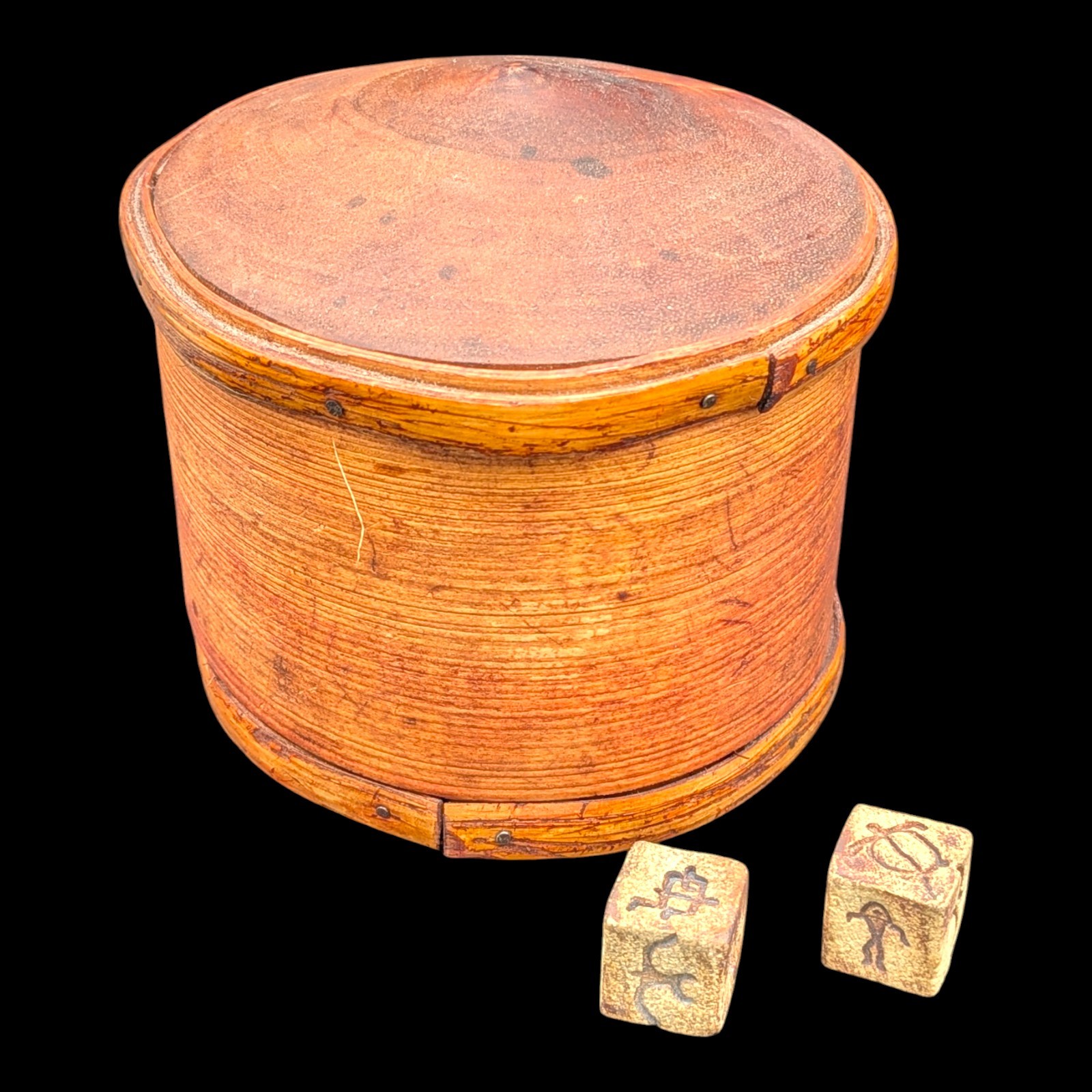 Antique Shaker Round Tapered Pantry Box /w Pair Of Stone Dice **See Photos
