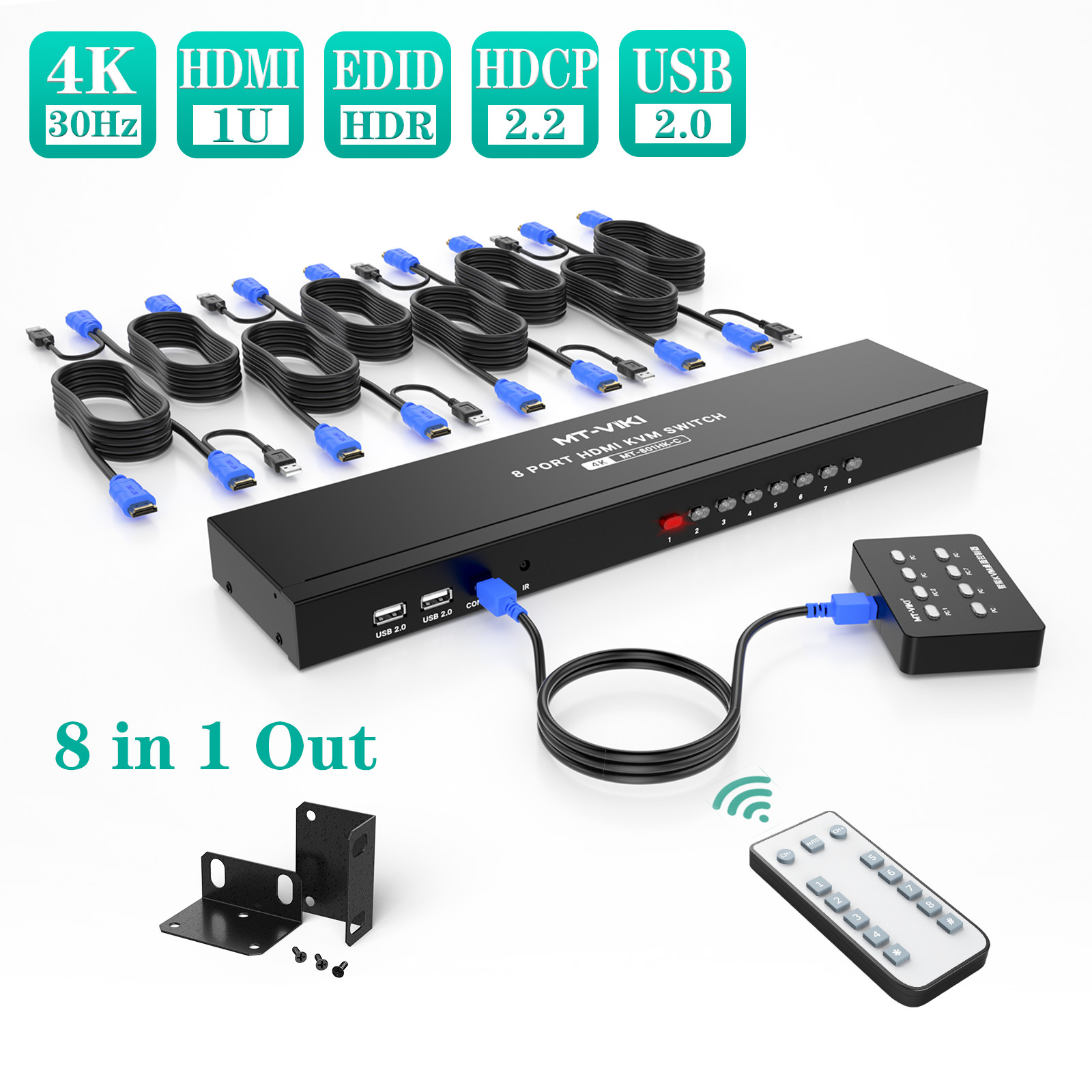 MT-VIKI 8 Port HDMI KVM Switch 4K@30HZ USB2.0 1U Rack Mount Switcher w/IR Remote